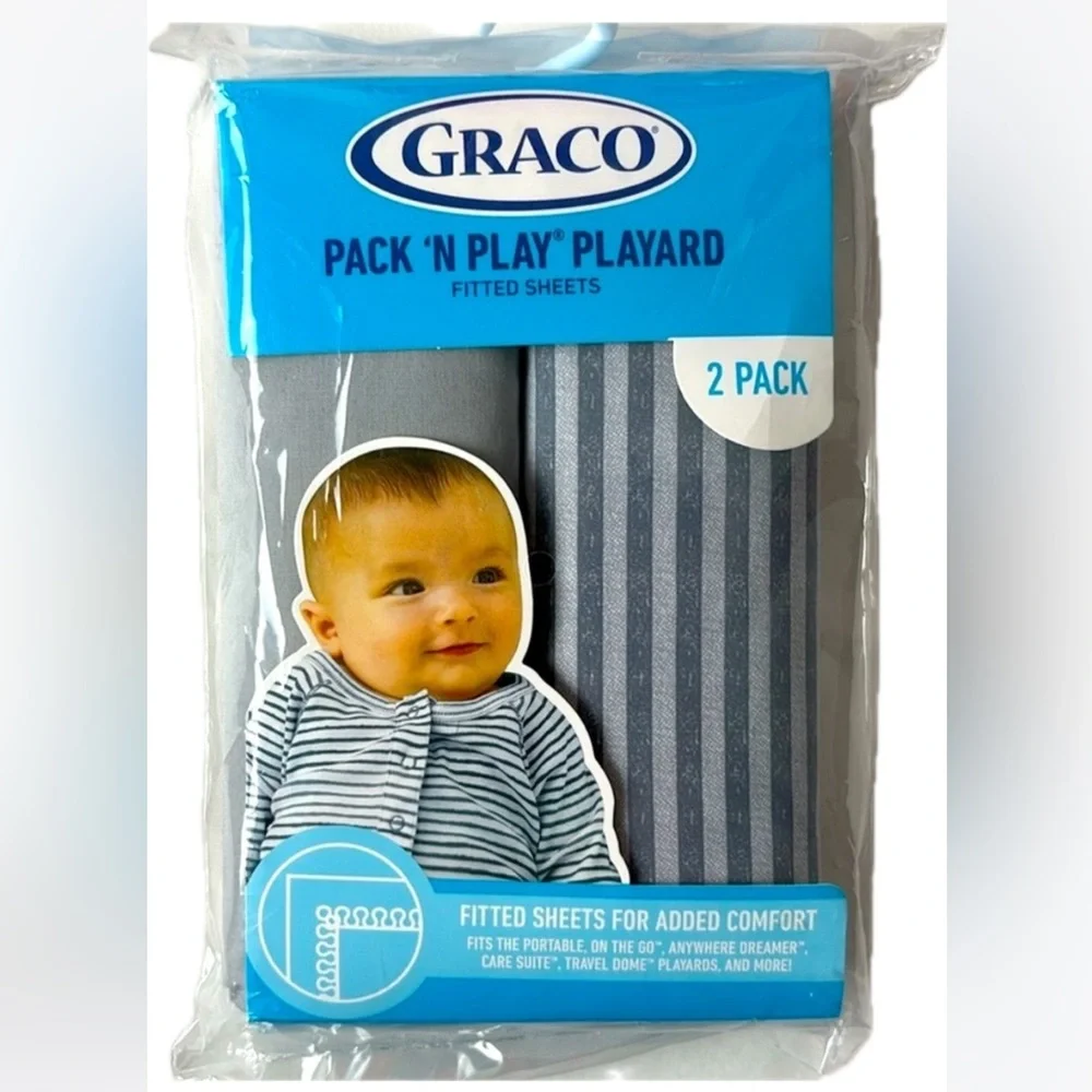 Set of 2 Graco Pack ‘n Play Playard fitted sheets fits most Pn’P stripes gray